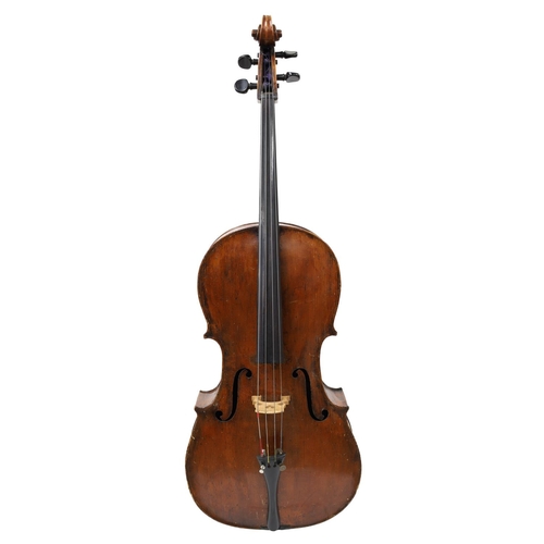 2512 - 19th century violoncello bearing a repairer's label dated 1938, the two piece back of very faint med... 