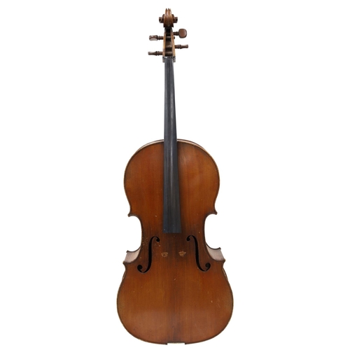 2514 - Early 20th century German violoncello, unlabelled, the two piece back of medium curl with similar wo... 