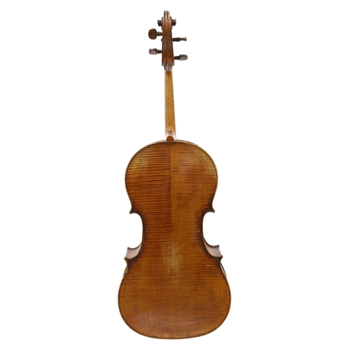 2514 - Early 20th century German violoncello, unlabelled, the two piece back of medium curl with similar wo... 