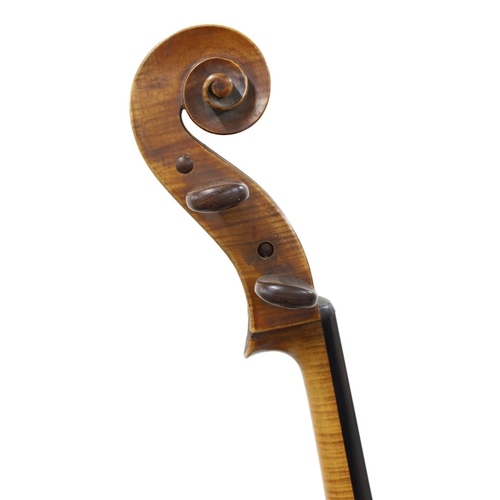 2514 - Early 20th century German violoncello, unlabelled, the two piece back of medium curl with similar wo... 