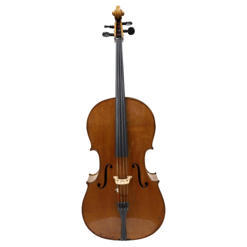 2517 - Good late 19th century/early 20th century violoncello, unlabelled, the two piece back of faint mediu... 