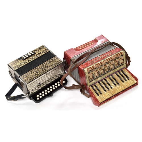 1566 - Good Hohner two row melodeon with twenty-one treble and eight bass buttons, within a foliate gilded ... 