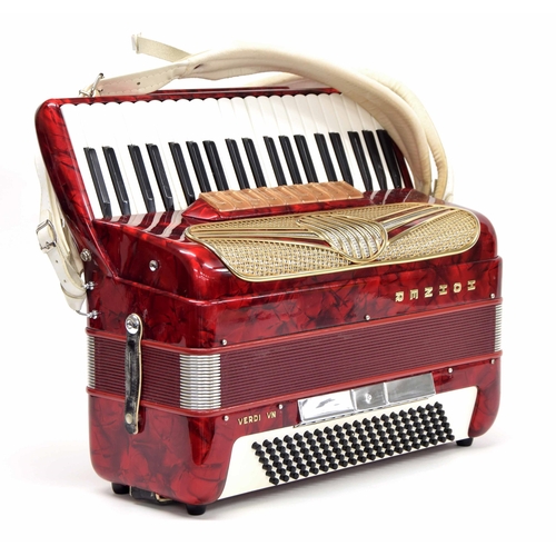 1572 - Hohner Verdi VN 120 bass piano accordion with nine switches, red marble finish, case... 