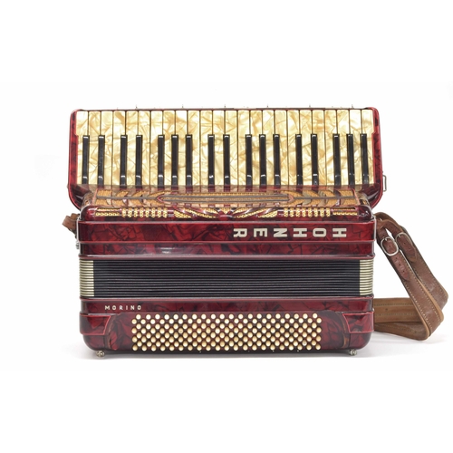 1574 - Good Professional Model Hohner Morino 120 bass piano accordion, red marble finish, case... 