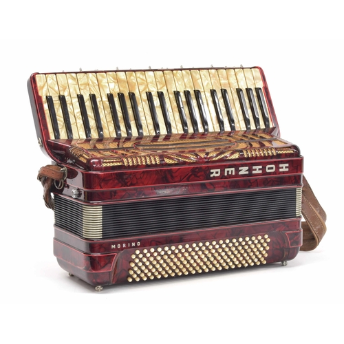 1574 - Good Professional Model Hohner Morino 120 bass piano accordion, red marble finish, case... 