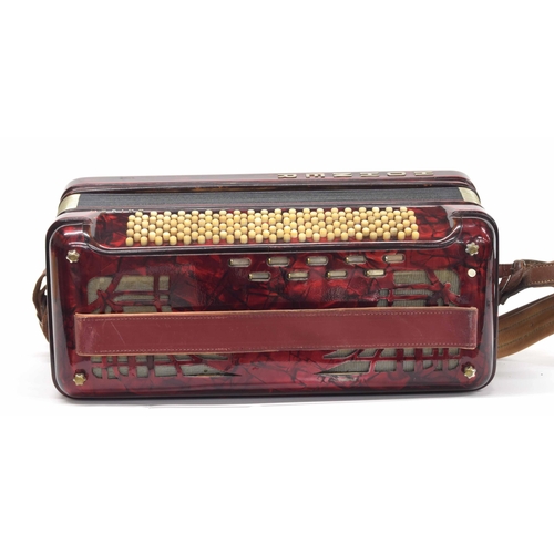 1574 - Good Professional Model Hohner Morino 120 bass piano accordion, red marble finish, case... 