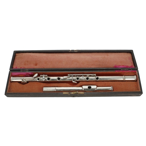 1812 - Silver plated metal flute with five keys, unsigned, made in France circa 1900, 61.8cm long... 