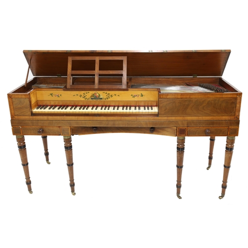 1595 - Square piano by John Hills, London, circa 1815, the mahogany case crossbanded with various woods pri... 