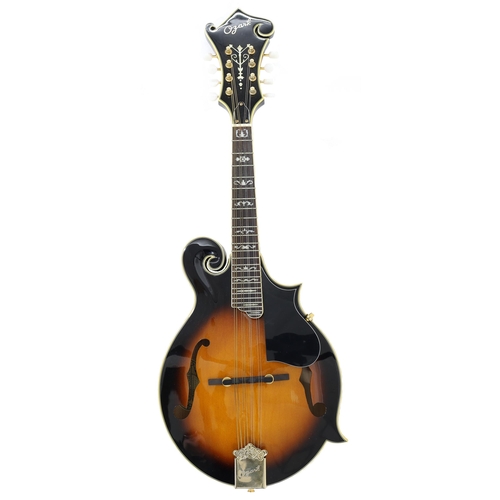 1606 - Modern mandolin labelled The Ozark Professional no. 2255, with faux ivory banded sunburst resonator ... 