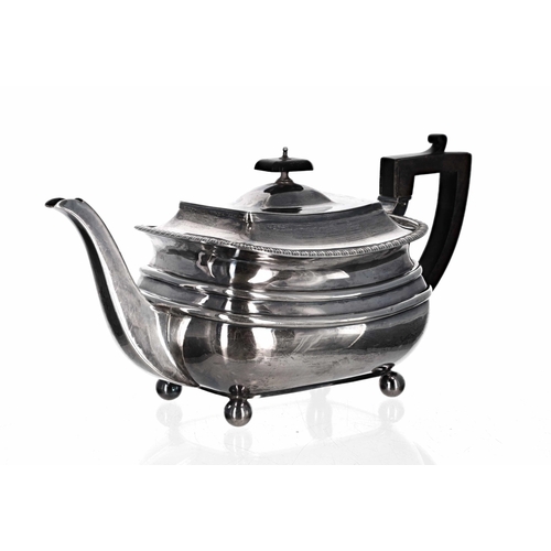 518 - Edwardian silver boat shaped teapot by James Dixon & Sons Ltd, with ebonised finial and handle, ... 