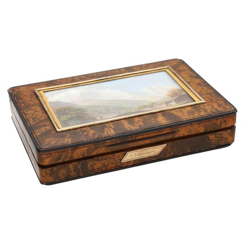 619 - Fine French 19th century etui in a burr yew case inset with a painted mountainous landscape panel, s... 