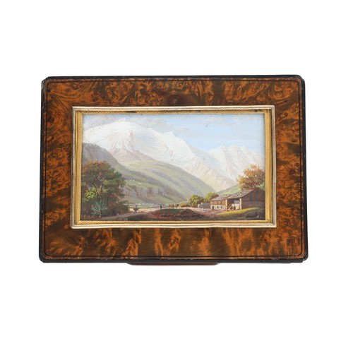 619 - Fine French 19th century etui in a burr yew case inset with a painted mountainous landscape panel, s... 