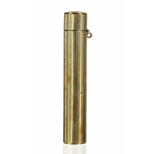 586 - 14ct gold perfume case, of cylindrical form, the hinged cover with an engraved monogram, the sides w... 