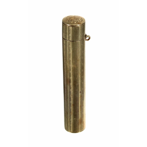 586 - 14ct gold perfume case, of cylindrical form, the hinged cover with an engraved monogram, the sides w... 