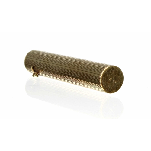 586 - 14ct gold perfume case, of cylindrical form, the hinged cover with an engraved monogram, the sides w... 