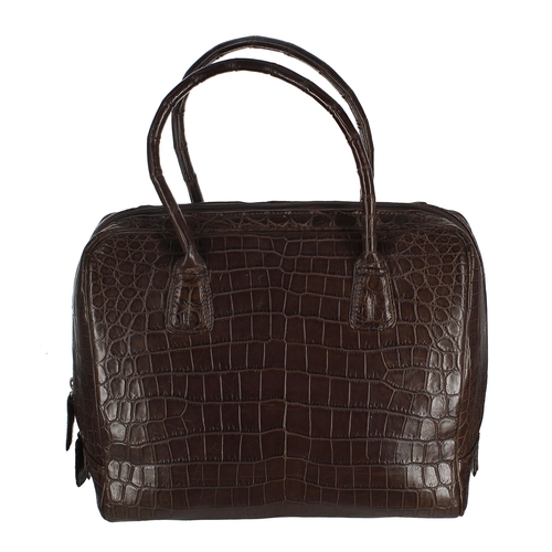 605 - Pickett of London dark brown croc leather handbag, with purple velvet lining, inner slip pocket and ... 