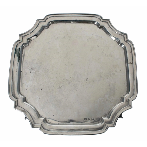 547 - Viner's Ltd square sterling silver tray, with moulded rim border and raised on four leaf scroll feet... 