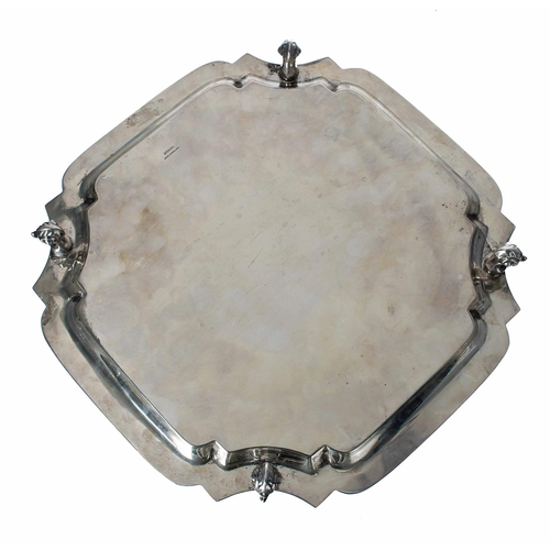 547 - Viner's Ltd square sterling silver tray, with moulded rim border and raised on four leaf scroll feet... 