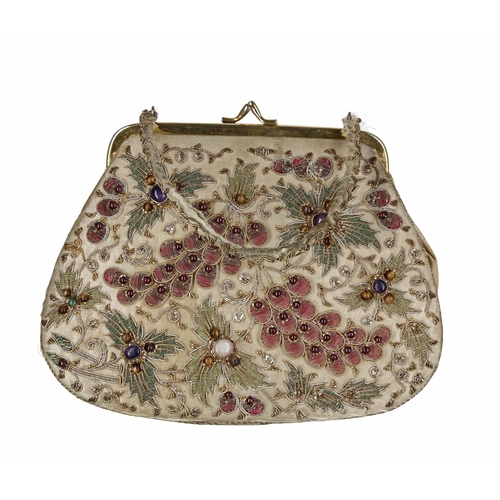 616 - Fine quality vintage gilt thread embroidered and beaded ladies hand bag, decorated as fruiting vines... 