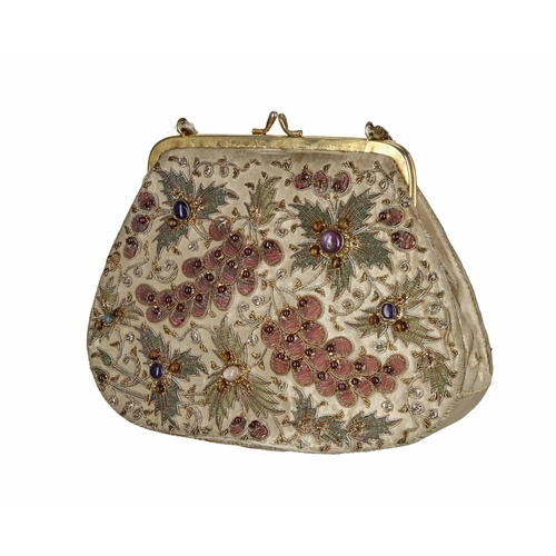 616 - Fine quality vintage gilt thread embroidered and beaded ladies hand bag, decorated as fruiting vines... 