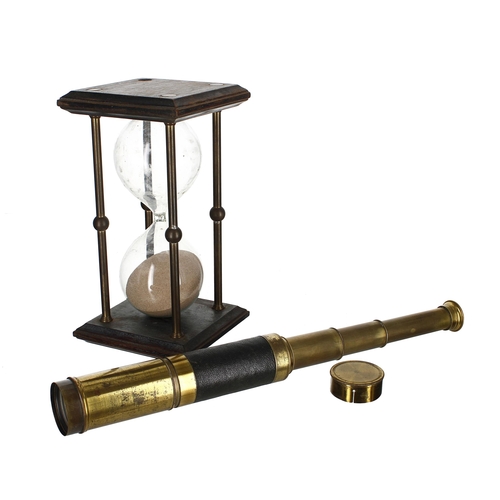 645 - Aitchison & Co. brass telescope; together with a wooden framed hourglass sand timer, 9.5