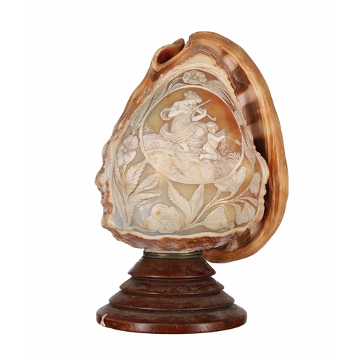 653 - Good cameo shell table lamp, decorated with a figural panel of a classical maiden playing a violin a... 