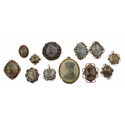 661 - Twelve photograph pendants and brooches, featuring uniformed officer portraits, largest 3