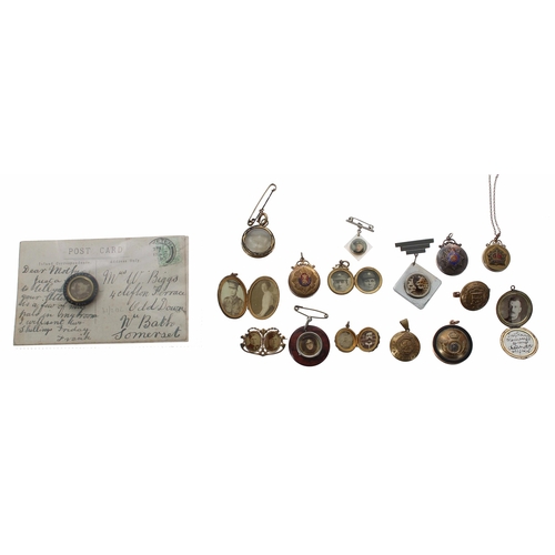 666 - Group of WW1 and WWII photograph pendants and brooches; including four from regimental buttons, four... 