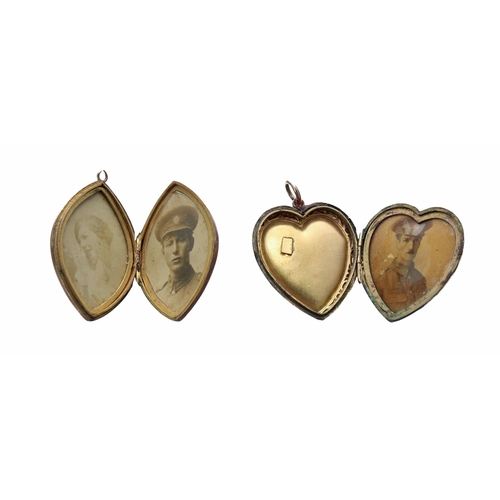 672 - Two 9ct locket pendants, both covers engraved with birds and flowers, hinged opening to reveal photo... 