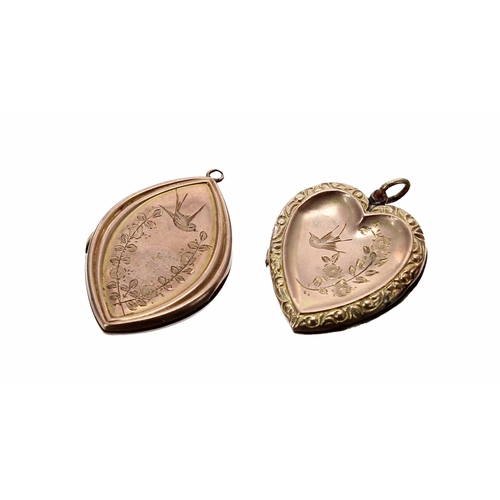 672 - Two 9ct locket pendants, both covers engraved with birds and flowers, hinged opening to reveal photo... 