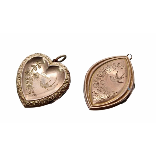 672 - Two 9ct locket pendants, both covers engraved with birds and flowers, hinged opening to reveal photo... 