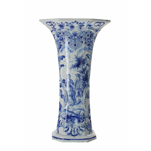 722 - Dutch Delft Faience glaze vase of octagonal facet form with flared rim, with figural panel of a lady... 