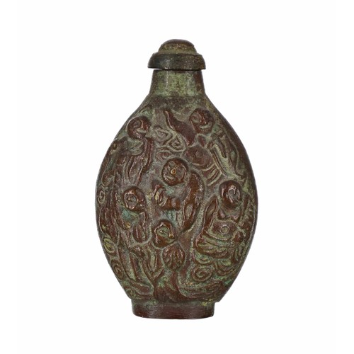 744 - Chinese bronze scent bottle, cast in relief with multiple figures, 2.75