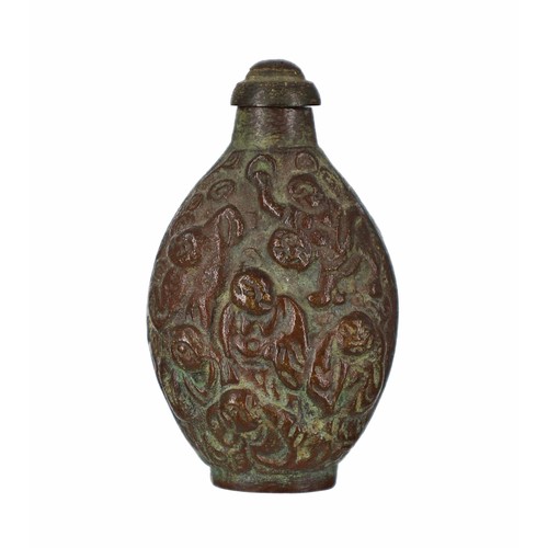 744 - Chinese bronze scent bottle, cast in relief with multiple figures, 2.75