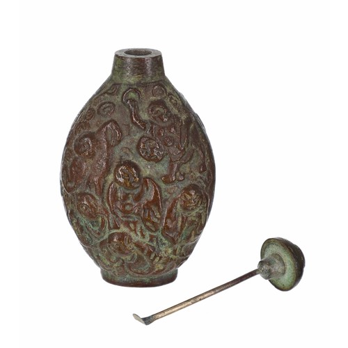 744 - Chinese bronze scent bottle, cast in relief with multiple figures, 2.75