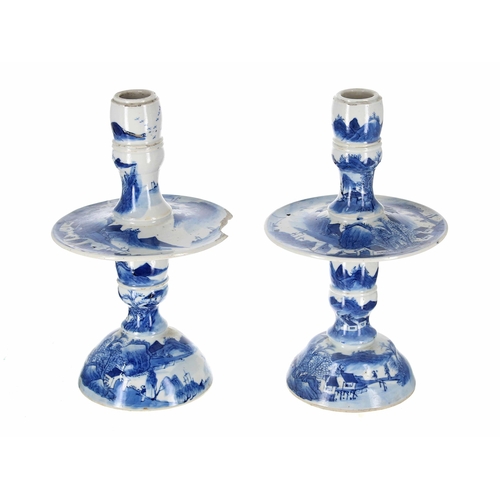 746 - Pair of Chinese blue and white porcelain altar candlesticks, with wide drip pans over a dividing sup... 