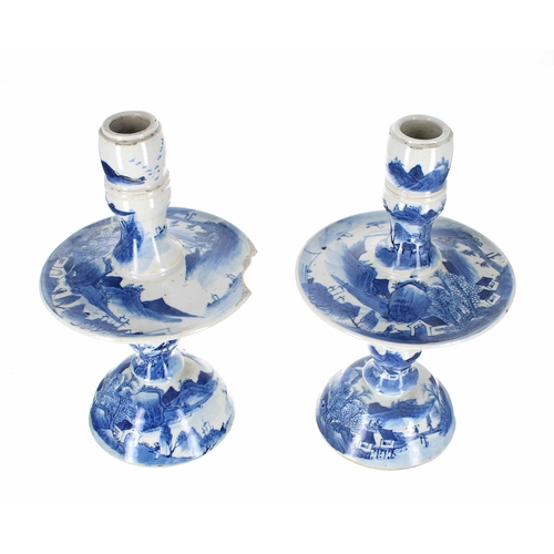 746 - Pair of Chinese blue and white porcelain altar candlesticks, with wide drip pans over a dividing sup... 