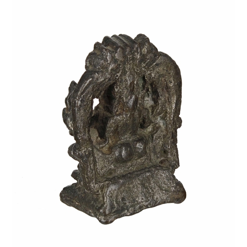 771 - Small Indian/Tibetan bronze figure, possibly a deity figure, cast seated on a throne holding a sword... 