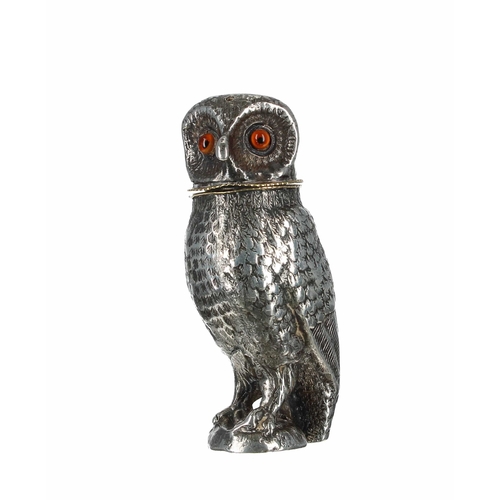 618 - Silver plated novelty owl figural caster/pounce pot, with inset glass eyes, 3.75