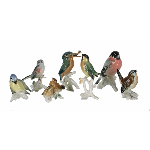 730 - Karl Ens - Seven small porcelain figures and figural groups of birds, including Kingfisher 5.25