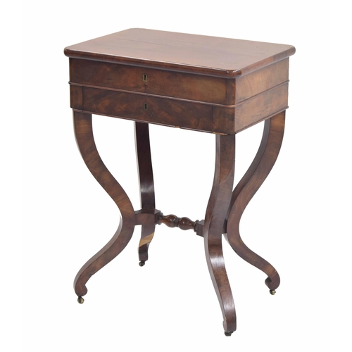 960 - 19th century Biedermeier mahogany work table, the hinged top with inset mirrored glass over a divide... 