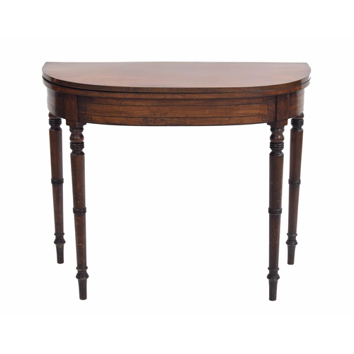 981 - 19th century mahogany fold-over tea table, the D-end top over the frieze inlaid with ebony lines and... 