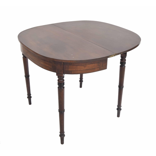 981 - 19th century mahogany fold-over tea table, the D-end top over the frieze inlaid with ebony lines and... 