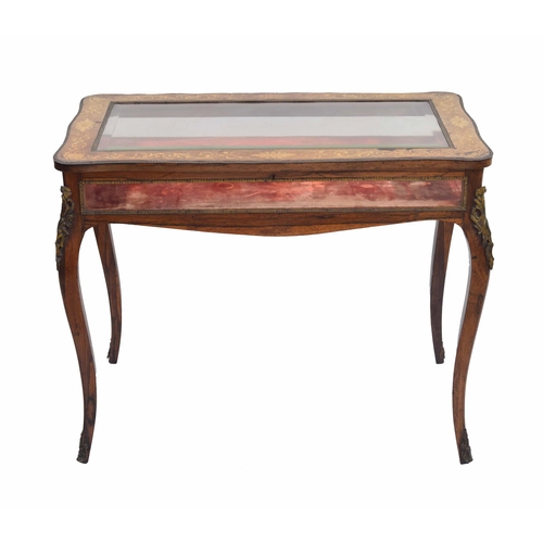 992 - French late 19th century rosewood marquetry inlaid vitrine table, the lazed hinged top with foliate ... 