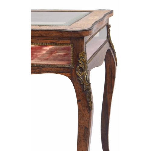 992 - French late 19th century rosewood marquetry inlaid vitrine table, the lazed hinged top with foliate ... 