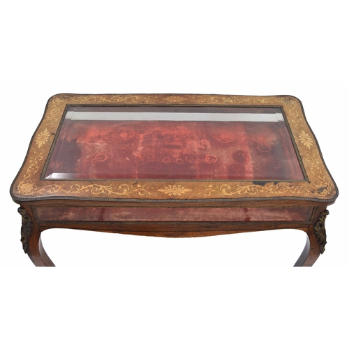 992 - French late 19th century rosewood marquetry inlaid vitrine table, the lazed hinged top with foliate ... 