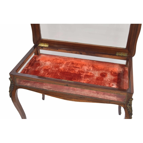 992 - French late 19th century rosewood marquetry inlaid vitrine table, the lazed hinged top with foliate ... 