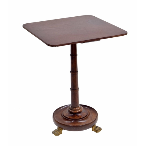 972 - 19th century mahogany side table, the square plain top on a central ring turned pillar support upon ... 