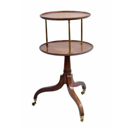 952 - 19th century mahogany two-tier dumb waiter, with two circular moulded tops on brass supports, raised... 