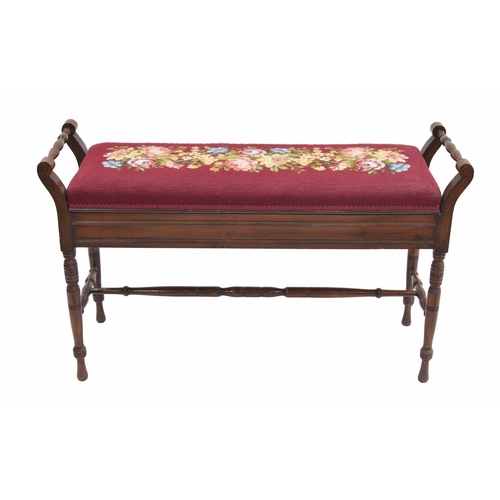 966 - Edwardian mahogany duet piano stool, with two turned handles over an embroidered upholstered stuff-o... 